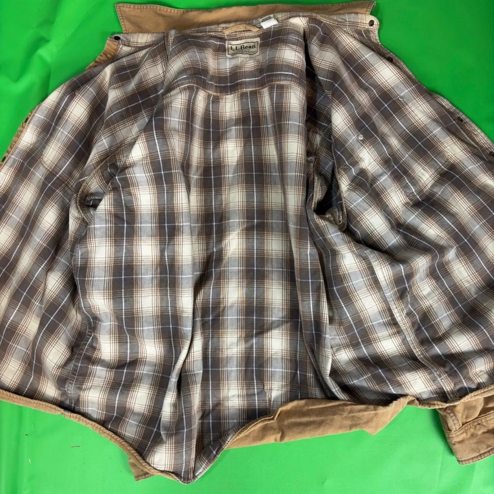 VTG LL Bean Distressed Snap Shacket Mens 2X Tan Flannel Lined Canada Made Coat